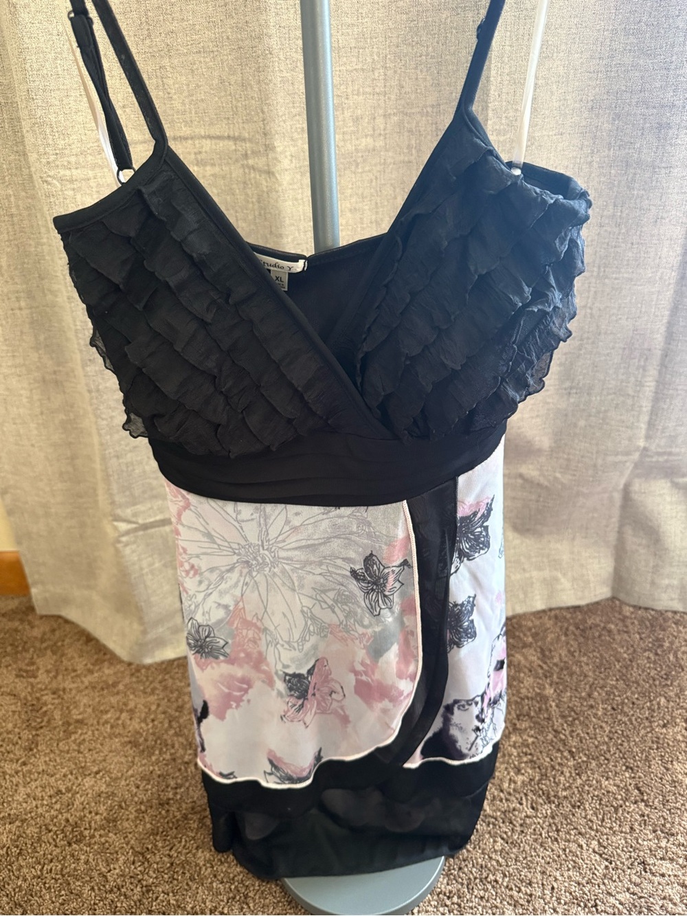 Studio Y Black and Pink Floral Ruffled Camisole